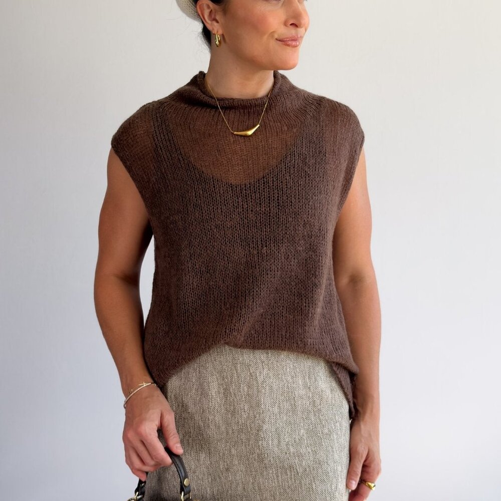 Women’s Open-Knit Mock Neck Sweater Tank – Cocoa Brown Top